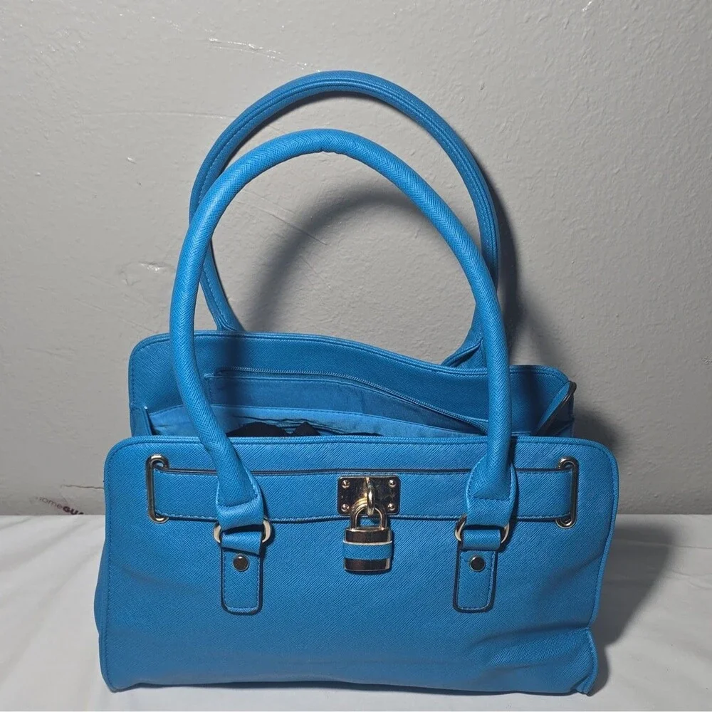 Call It Spring Cobalt Blue Saffiano Faux Leather Satchel Tote Bag Padlock Gold